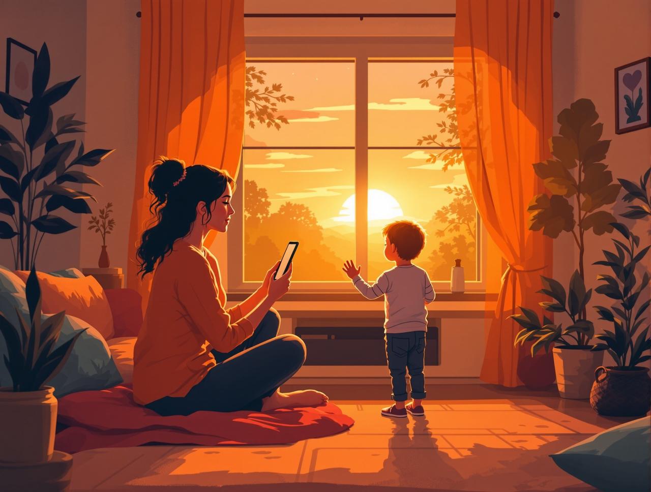 红果原创漫剧品牌故事 - 创始人李晨曦与孩子一起观看动画片的温暖时刻